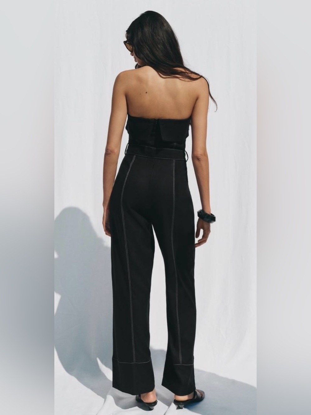 ZARA Black Strapless Linen Blend Belted Jumpsuit size medium - Picture 9 of 16